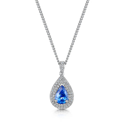 18ct Pear shaped sapphire and diamond pendant and chain