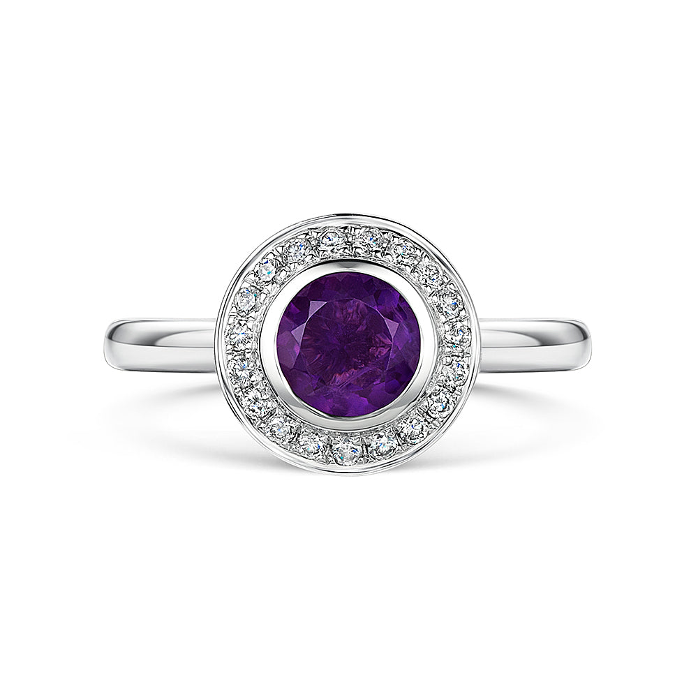 18ct White Gold Halo Style Amethyst & Diamond Cluster Ring
