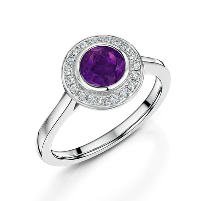 18ct White Gold Halo Style Amethyst & Diamond Cluster Ring