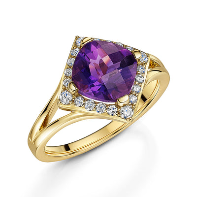 Yellow Gold Faceted Amethyst & Diamond Ring