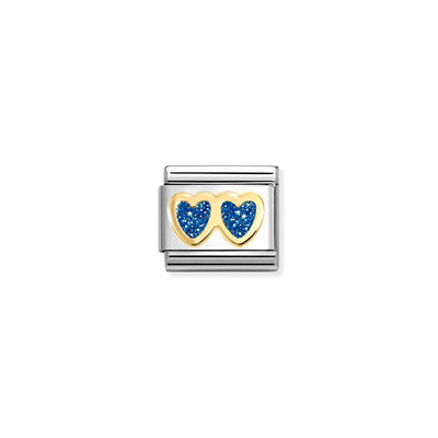 Classic Gold Blue Glitter Double Heart Charm