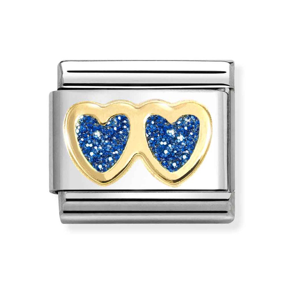Classic Gold Blue Glitter Double Heart Charm