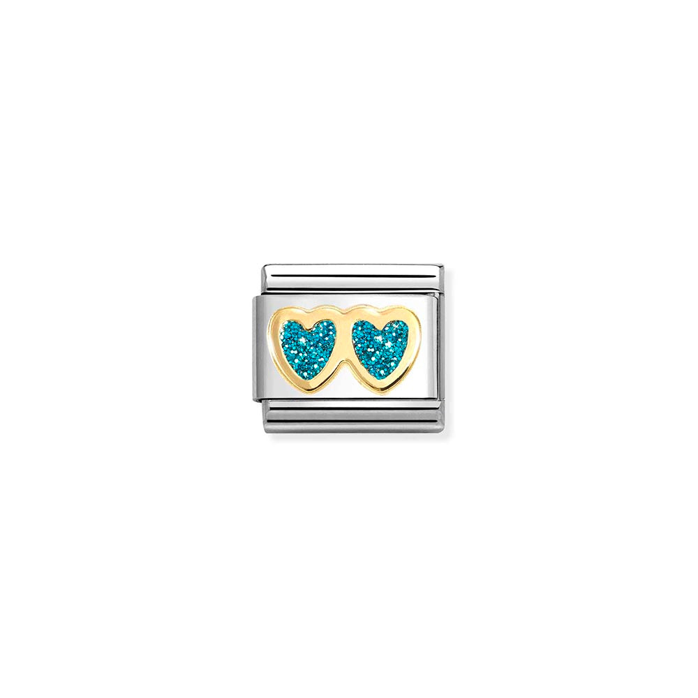 Classic Gold Turquoise Glitter Double Heart Charm