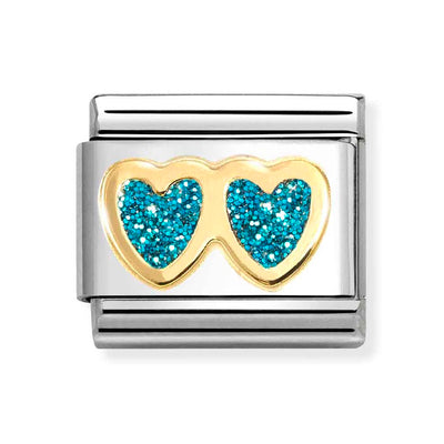 Classic Gold Turquoise Glitter Double Heart Charm