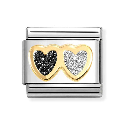 Classic Gold Black/White Glitter Double Heart Charm