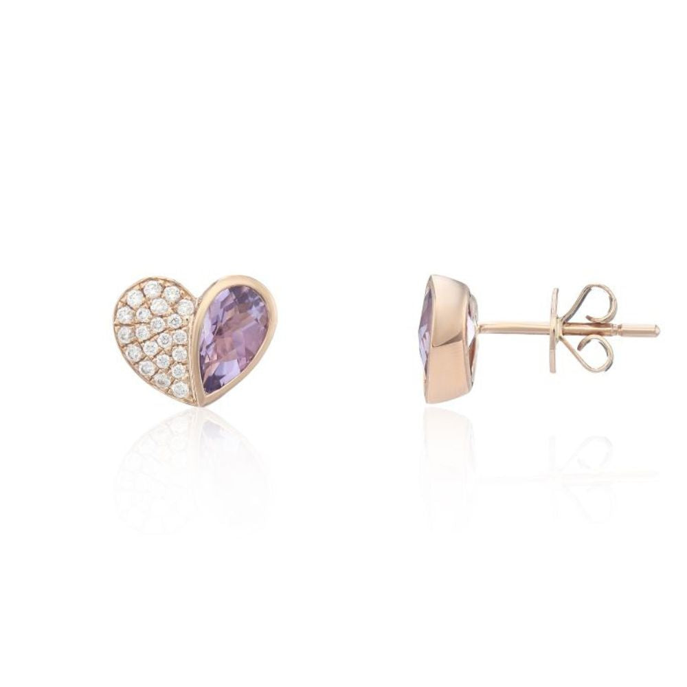 9ct Rose Gold Amethyst Diamond Heart Stud Earings