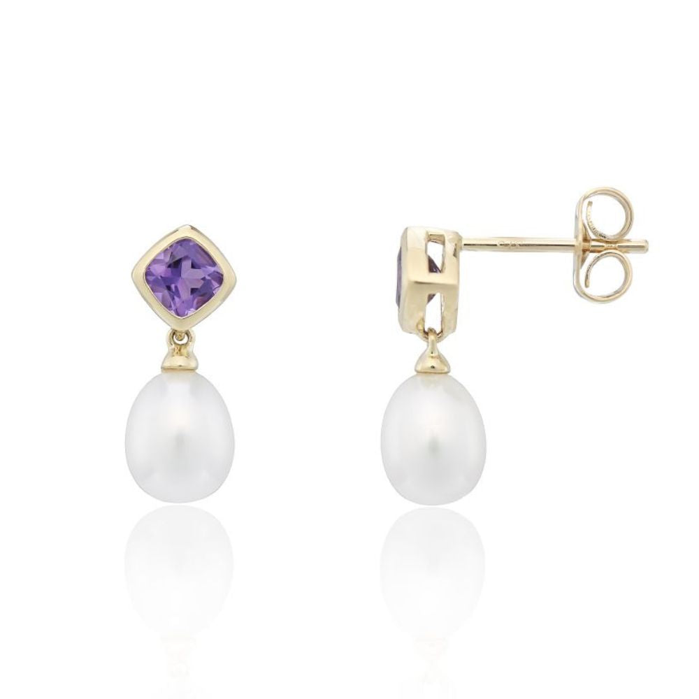 9ct Yellow Gold Dark Amethyst & Culture Pearl Drop Earrings