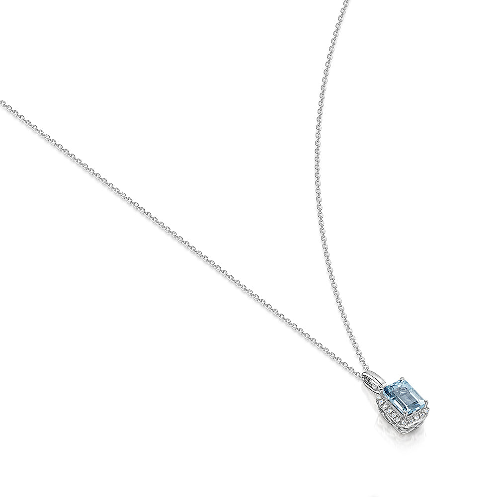 9ct White Gold Aquamarine & Diamond Pendant & Chain