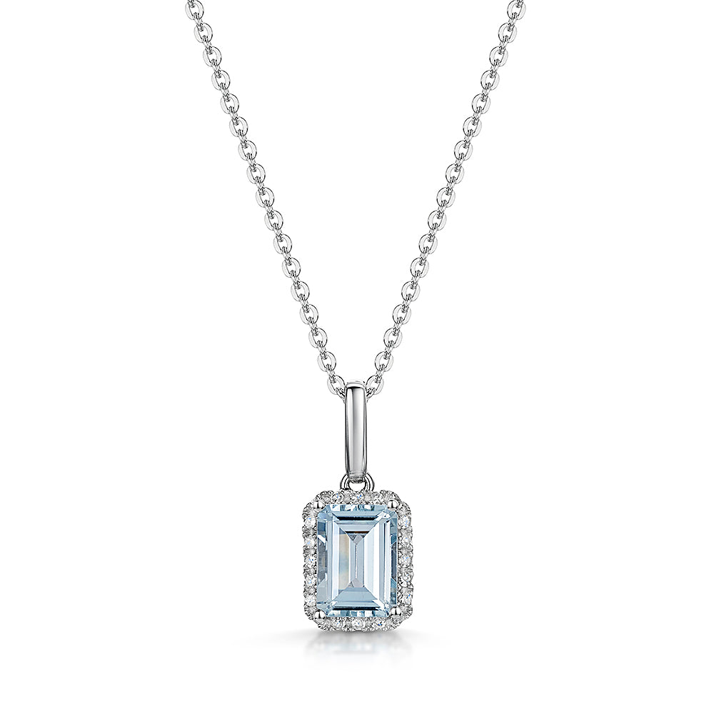 9ct White Gold Aquamarine & Diamond Pendant & Chain