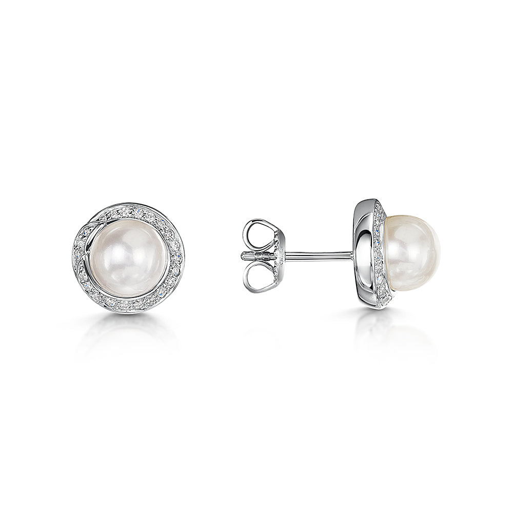 9ct White Gold Pearl & Diamond Stud Earrings
