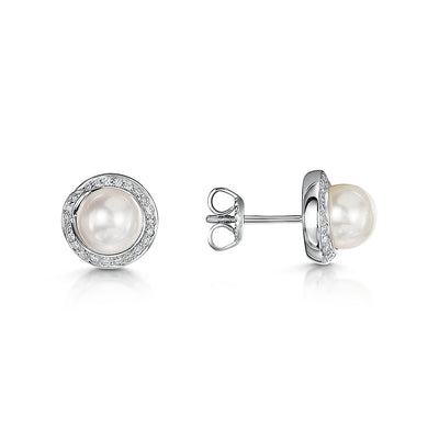 9ct White Gold Pearl & Diamond Stud Earrings