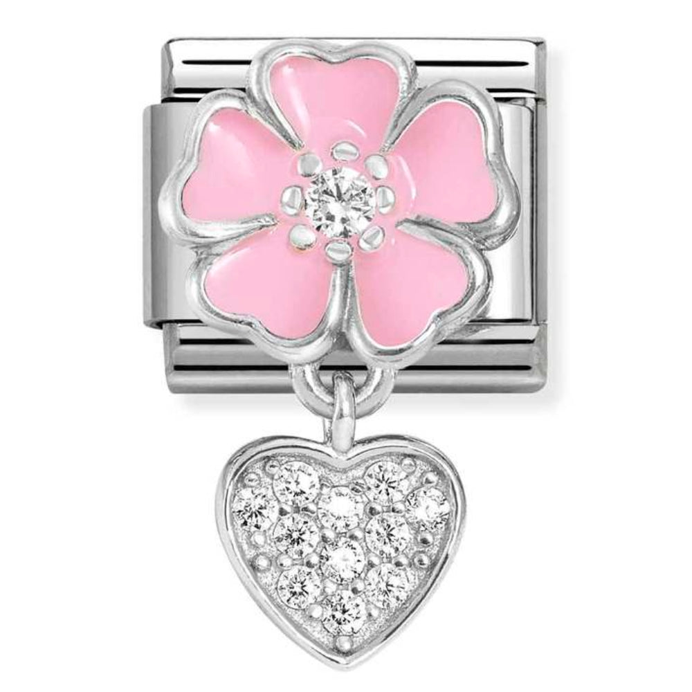 Silvershine Pink Flower Heart cz Charm