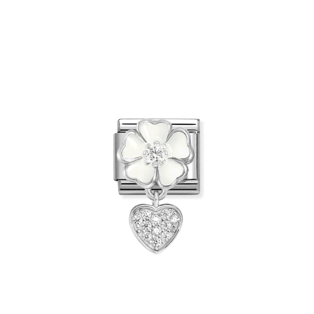 Silvershine White Flower Heart cz Charm