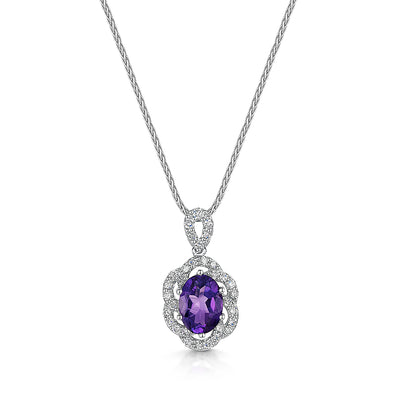 9ct White Gold Amethyst & Diamond Pendant & Chain