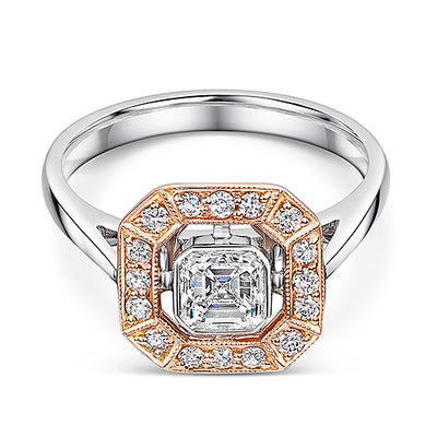 Asscher Cut Platinum & Rose Gold Diamond Halo Ring