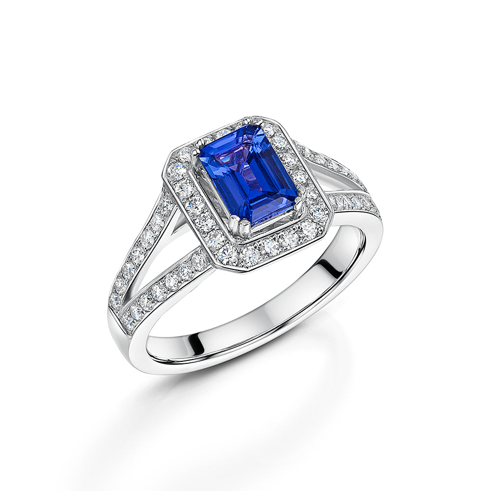 Tanzanite & Diamond Split Shoulder Platinum Ring