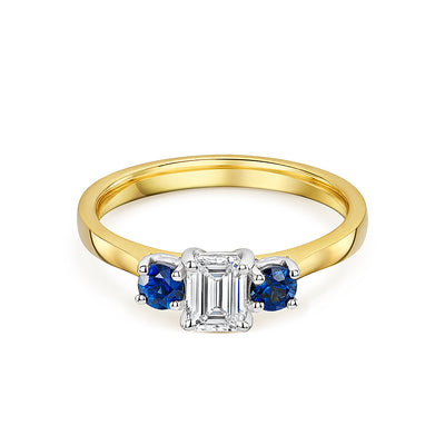 Diamond & Sapphire 3 Stone Ring In 18ct Yellow Gold