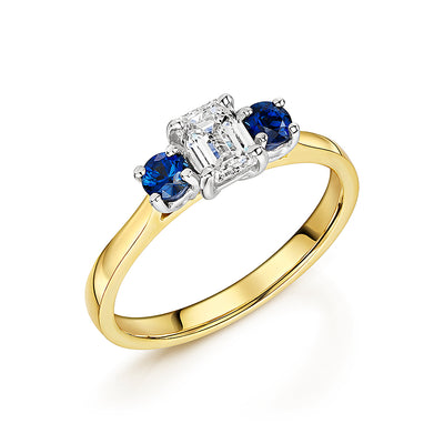 Diamond & Sapphire 3 Stone Ring In 18ct Yellow Gold
