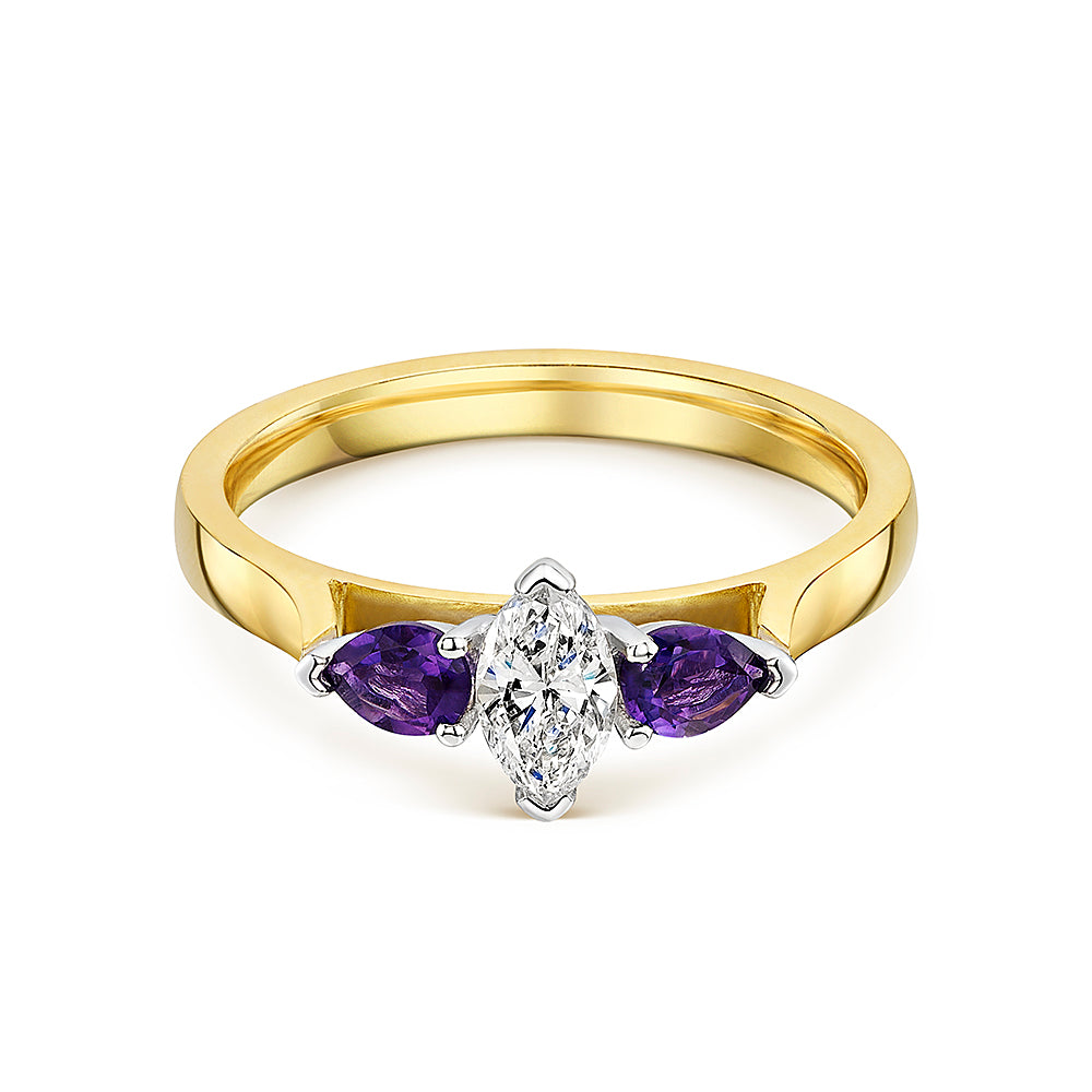 Marquise Diamond & Pear Shaped Amethyst 3 Stone Ring