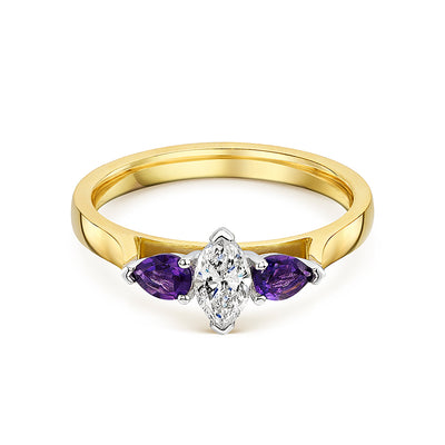 Marquise Diamond & Pear Shaped Amethyst 3 Stone Ring