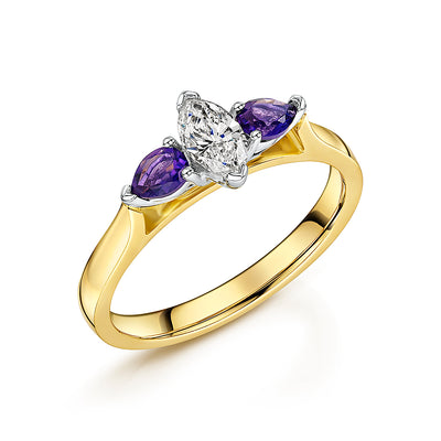 Marquise Diamond & Pear Shaped Amethyst 3 Stone Ring