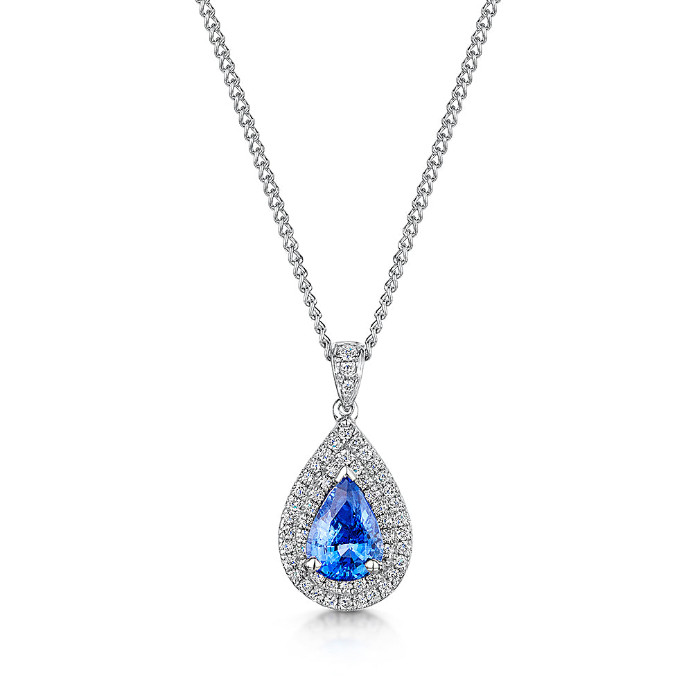 18ct Pear shaped sapphire and diamond pendant and chain