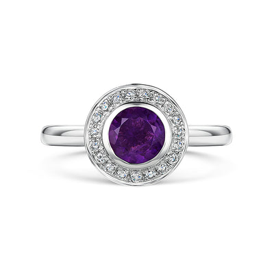 18ct White Gold Halo Style Amethyst & Diamond Cluster Ring