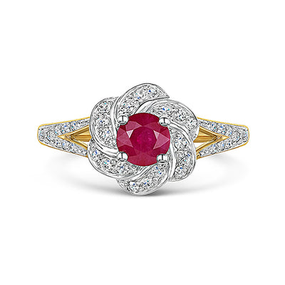 9ct Yellow Gold Ruby & Diamond Flower Cluster Ring