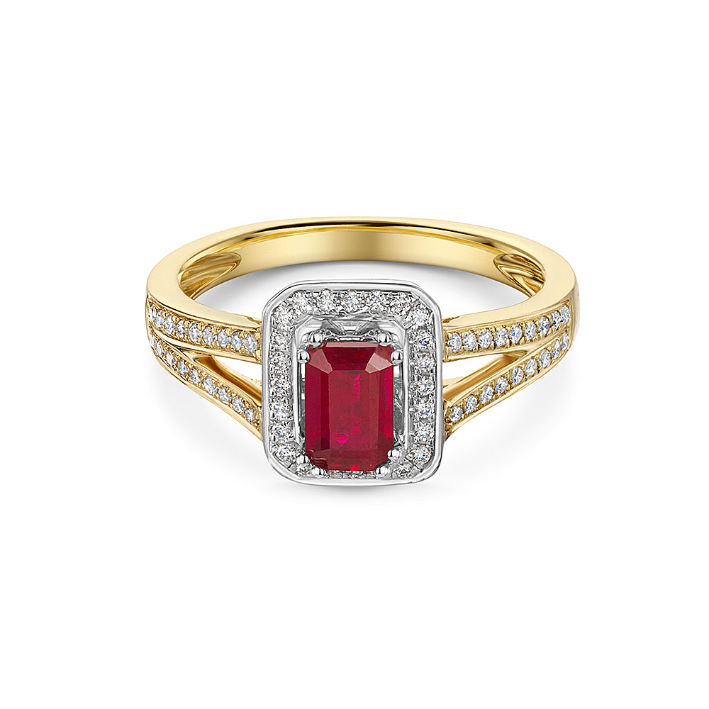 Ruby & Diamond Split Shoulder Yellow Gold Ring