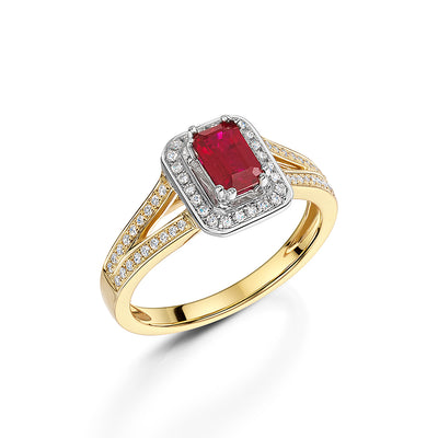 Ruby & Diamond Split Shoulder Yellow Gold Ring