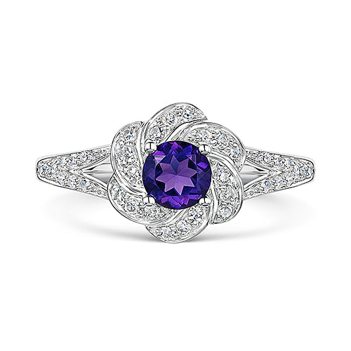 White Gold Amethyst & Diamond Flower Cluster Ring