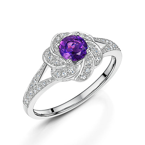 White Gold Amethyst & Diamond Flower Cluster Ring