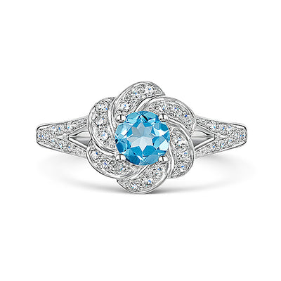 White Gold Blue Topaz & Diamond Flower Cluster Ring