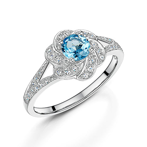 White Gold Blue Topaz & Diamond Flower Cluster Ring