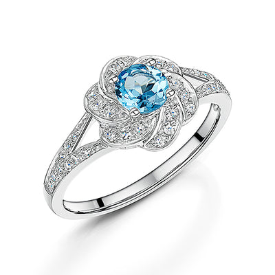 White Gold Blue Topaz & Diamond Flower Cluster Ring