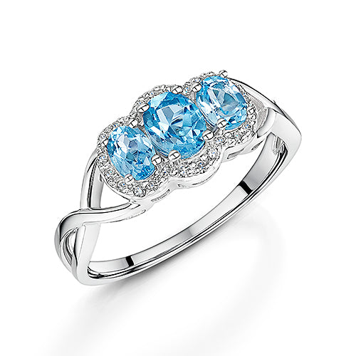 White Gold Blue Topaz & Diamond Cluster Ring