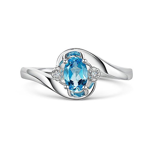 White Gold Blue Topaz & Diamond Three Stone Ring