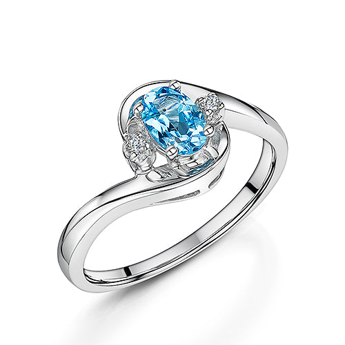 White Gold Blue Topaz & Diamond Three Stone Ring