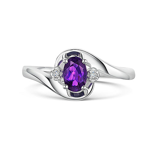 White Gold Amethyst & Diamond Three Stone Ring