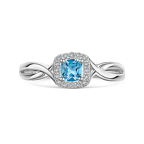 White Gold Blue Topaz & Diamond Halo Ring