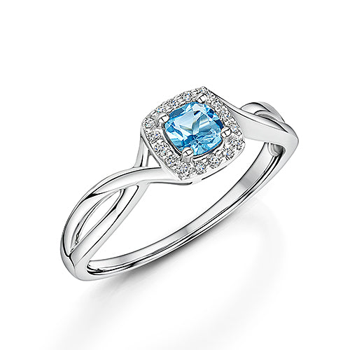 White Gold Blue Topaz & Diamond Halo Ring