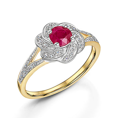 9ct Yellow Gold Ruby & Diamond Flower Cluster Ring