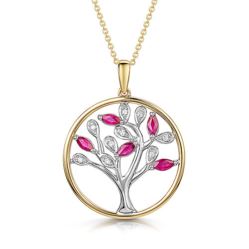 9ct Ruby & Diamond Tree Of Life Pendant & Chain