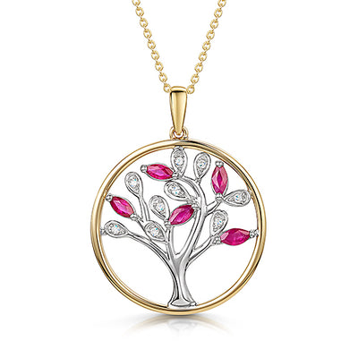 9ct Ruby & Diamond Tree Of Life Pendant & Chain