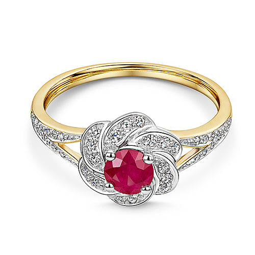 9ct Yellow Gold Ruby & Diamond Flower Cluster Ring