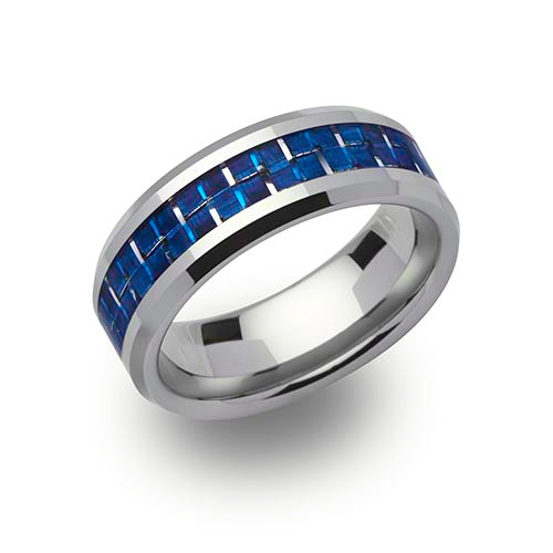 Tungsten Chamfered Edge Blue & Silver Band 8mm
