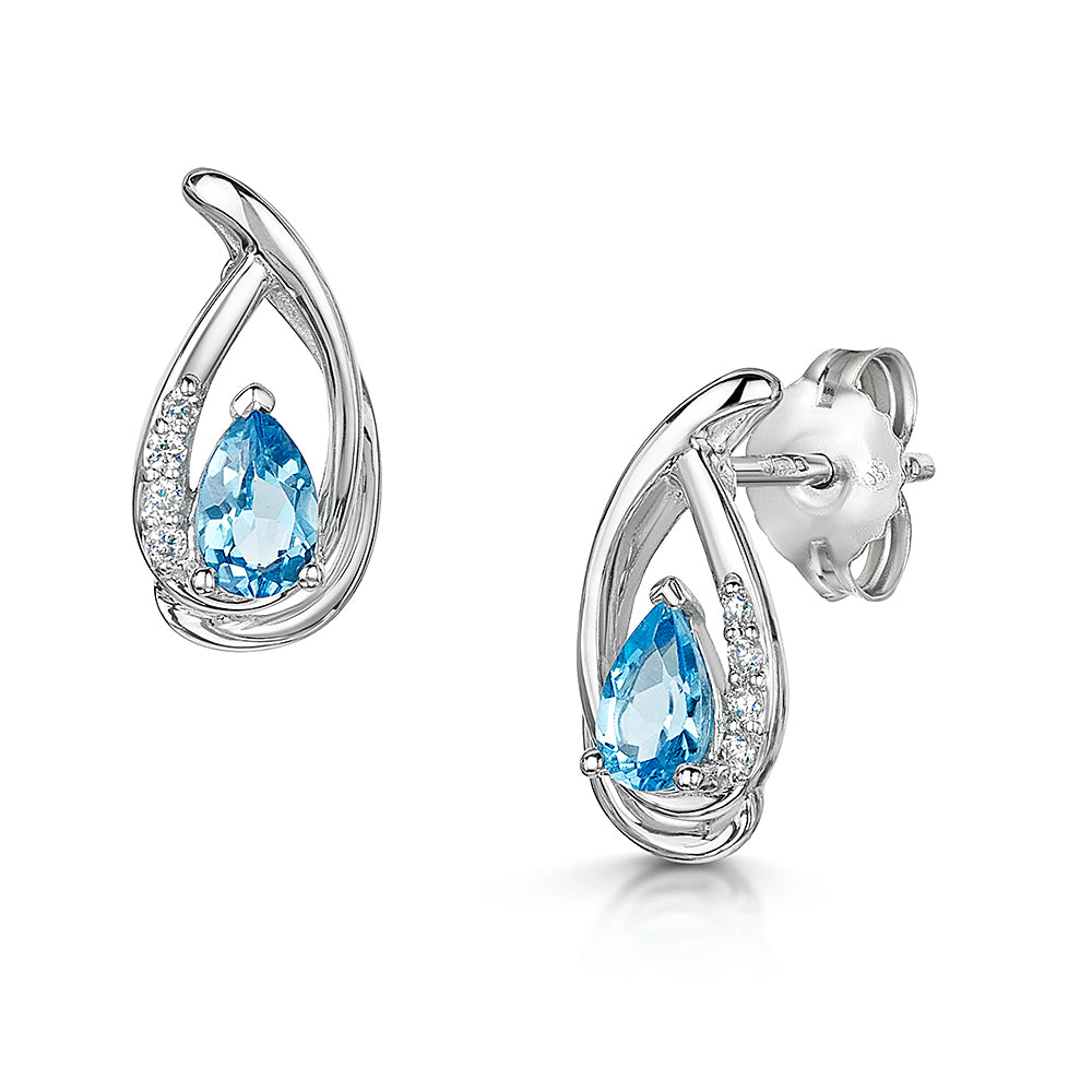 White Gold Blue Topaz & Diamond Stud Earrings