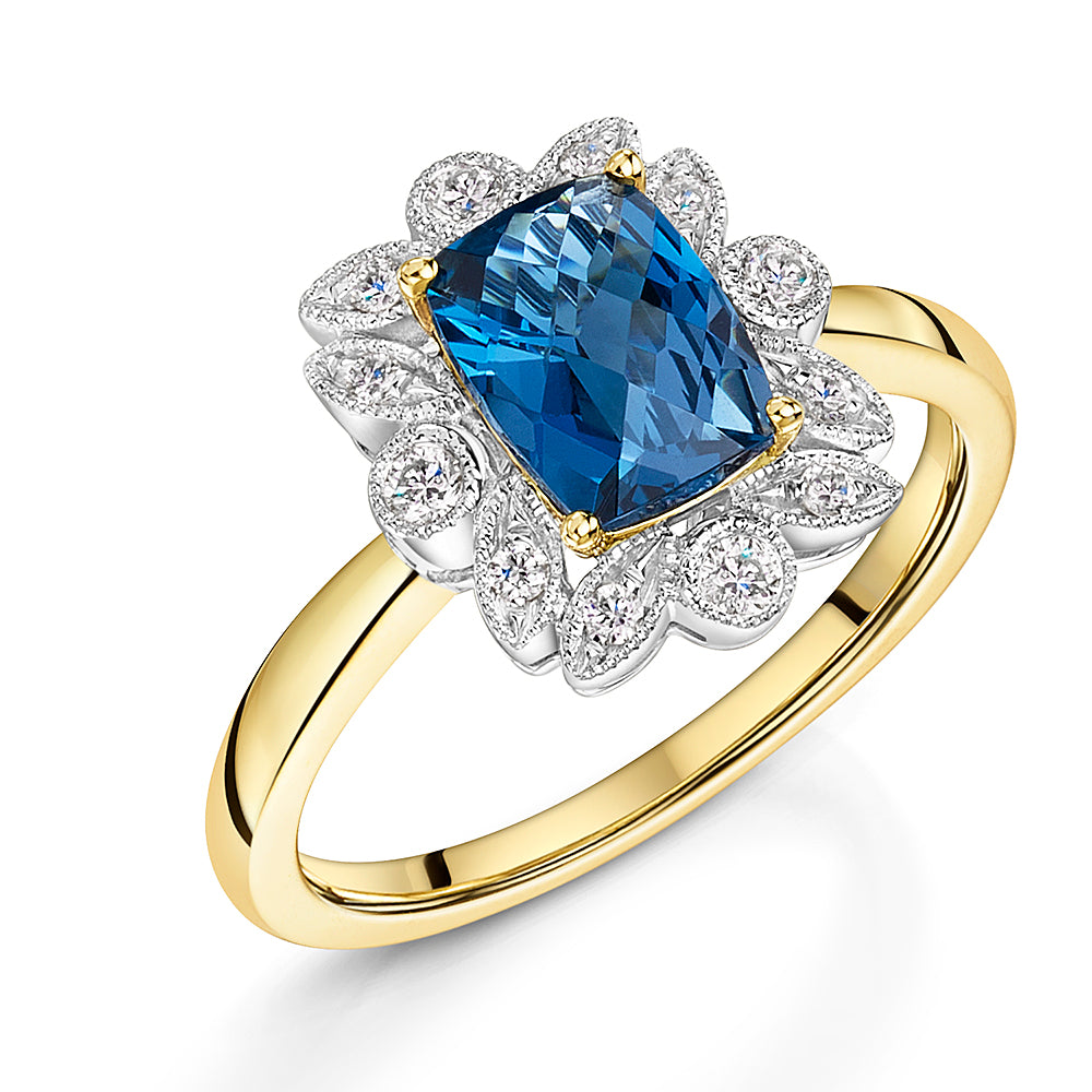 Yellow Gold Blue Topaz & Diamond Ring