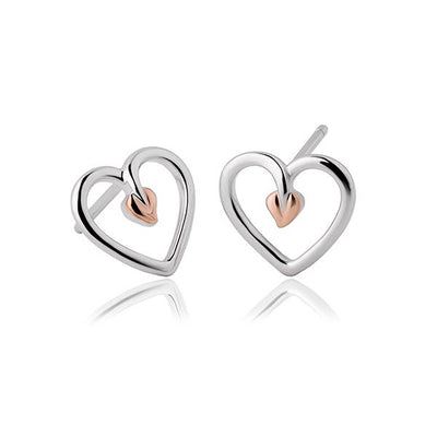 Official Clogau Silver & 9ct Gold Tree Of Life Heart Stud Earrings